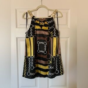 Kaelyn-Max Graphic Abstract Print Chain Relaxed Fit Top, Black Brown and Gold, L